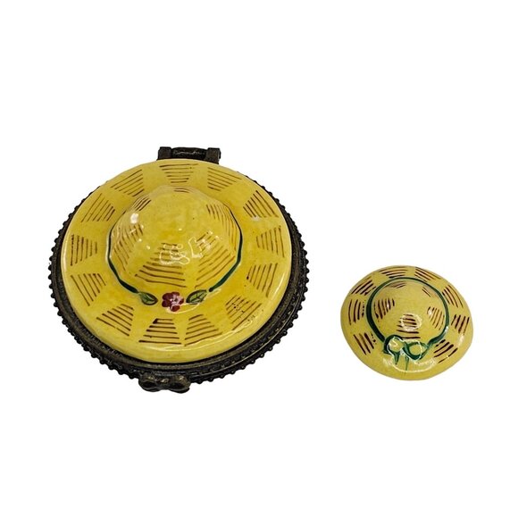 Straw Hat Themed Mini Hat Inside Porcelain Hinged Trinket Box Collectible - Picture 1 of 10
